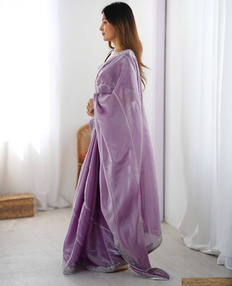 Lavender silk blend embroidered saree with sequins work