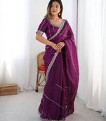 Purple silk blend embroidered saree with sequins work