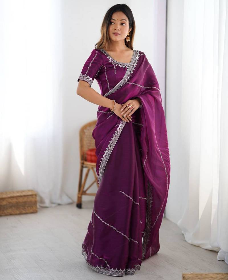 Purple silk blend embroidered saree with sequins work