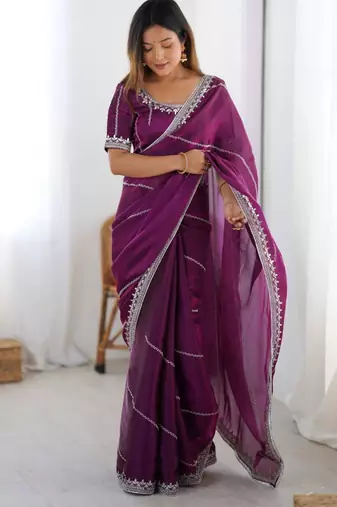 Purple silk blend embroidered saree with sequins work