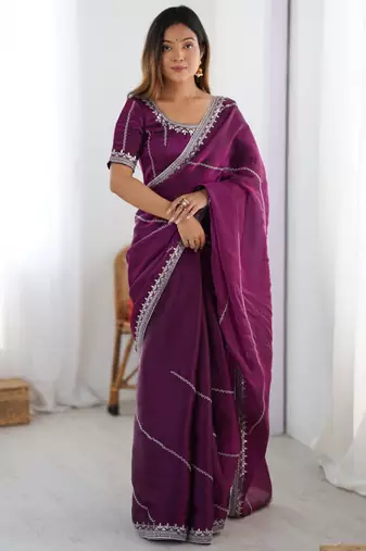 Purple silk blend embroidered saree with sequins work