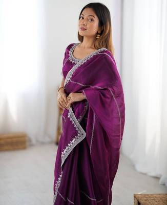 Purple silk blend embroidered saree with sequins work 4
