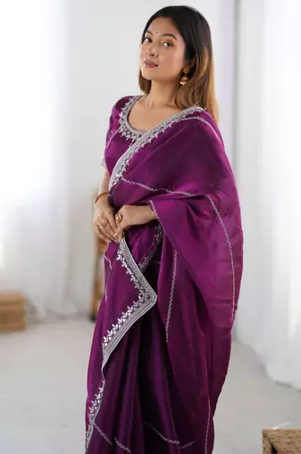 Purple silk blend embroidered saree with sequins work