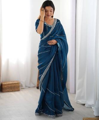 Teal silk blend embroidered saree with sequins work 2