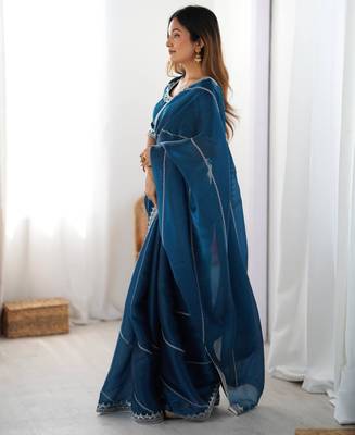Teal silk blend embroidered saree with sequins work 3