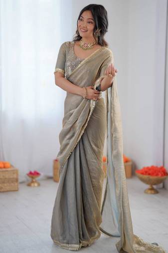 Grey silk blend embroidered saree with sequins work