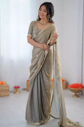 Grey silk blend embroidered saree with sequins work