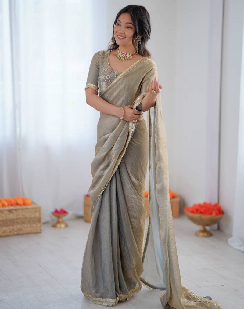 Grey silk blend embroidered saree with sequins work