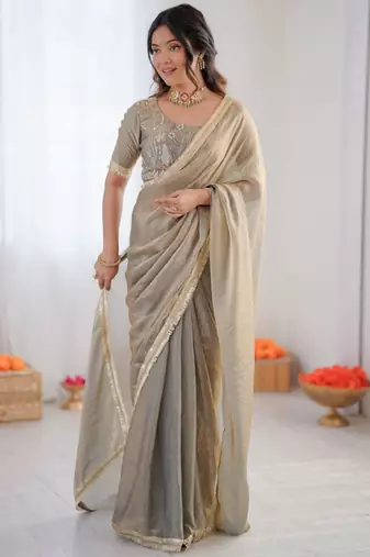 Grey silk blend embroidered saree with sequins work