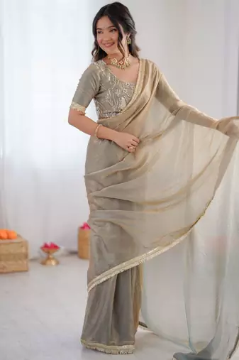 Grey silk blend embroidered saree with sequins work