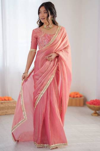 Pink silk blend embroidered saree with sequins work