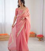 Pink silk blend embroidered saree with sequins work