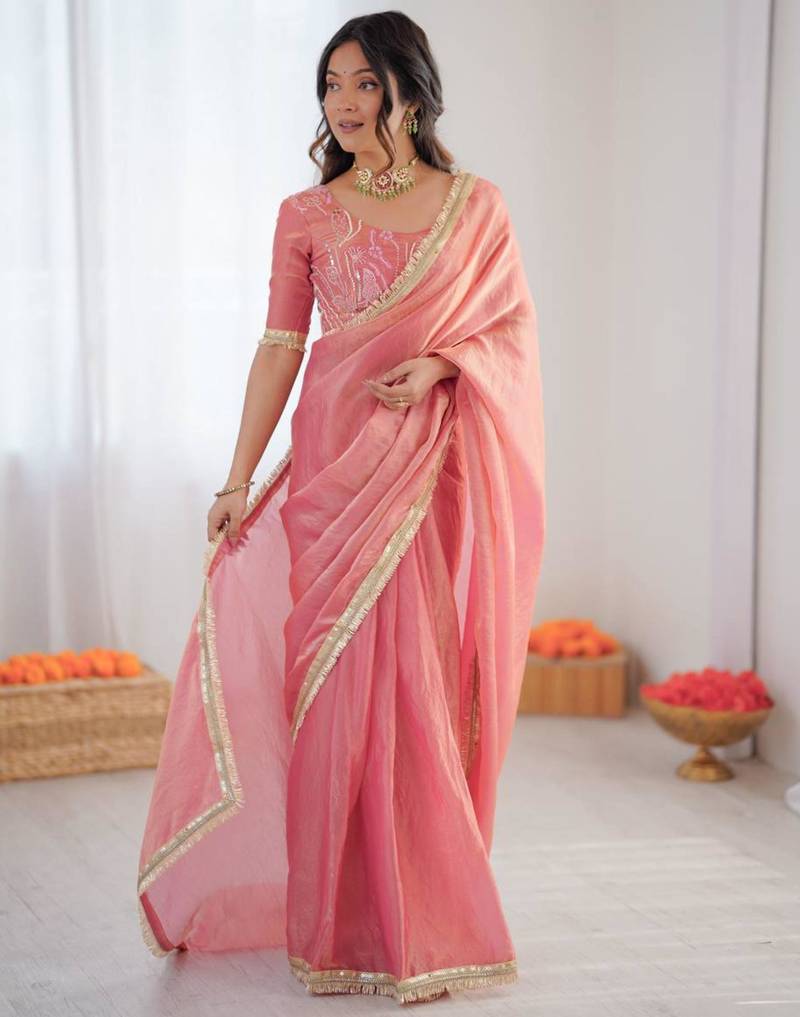 Pink silk blend embroidered saree with sequins work