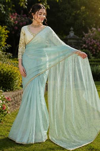 Sky blue net embroidered saree with sequins work