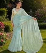 Sky blue net embroidered saree with sequins work