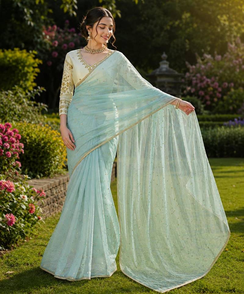 Sky blue net embroidered saree with sequins work