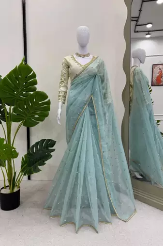 Sky blue net embroidered saree with sequins work