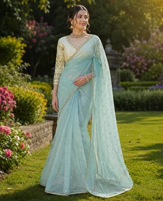 Sky blue net embroidered saree with sequins work 4