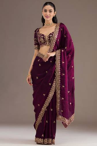 Wine silk blend embroidered saree with sequins work