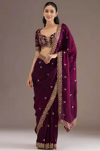 Wine silk blend embroidered saree with sequins work