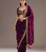 Wine silk blend embroidered saree with sequins work