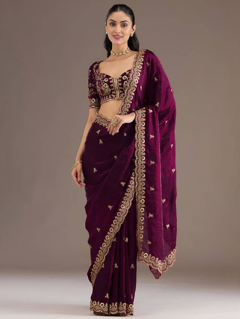 Wine silk blend embroidered saree with sequins work