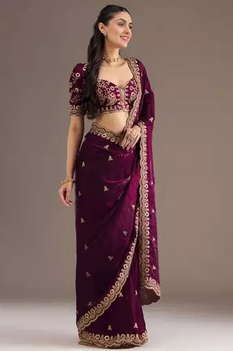 Wine silk blend embroidered saree with sequins work
