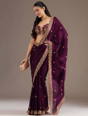 Wine silk blend embroidered saree with sequins work 4