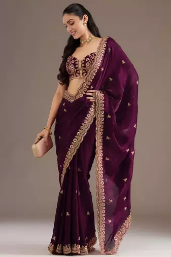 Wine silk blend embroidered saree with sequins work