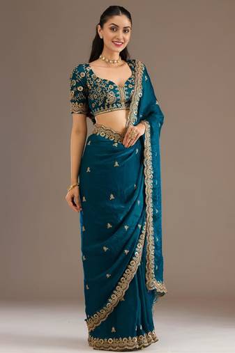 Teal silk blend embroidered saree with sequins work