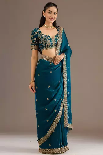 Teal silk blend embroidered saree with sequins work