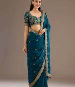 Teal silk blend embroidered saree with sequins work