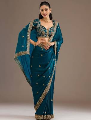 Teal silk blend embroidered saree with sequins work 2