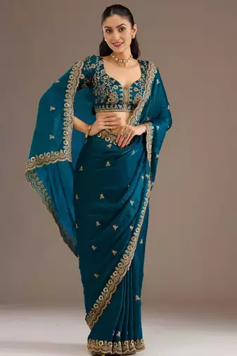 Teal silk blend embroidered saree with sequins work