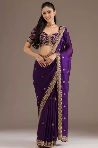 Purple silk blend embroidered saree with sequins work