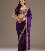 Purple silk blend embroidered saree with sequins work