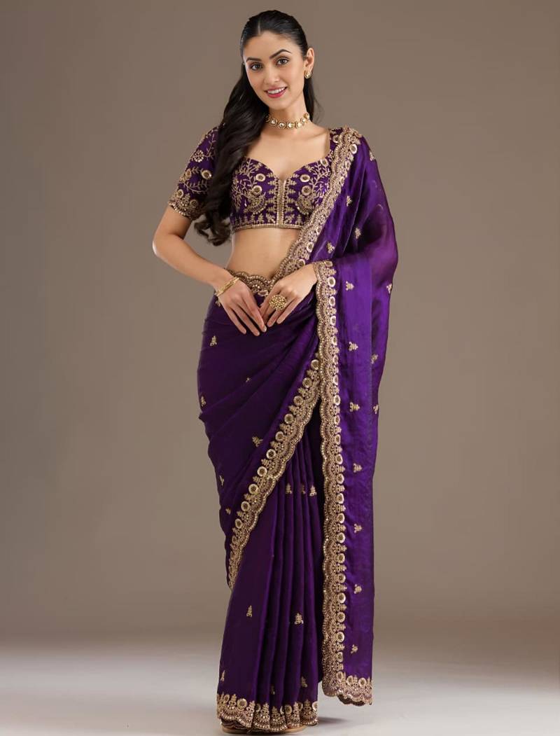 Purple silk blend embroidered saree with sequins work