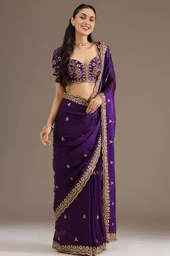 Purple silk blend embroidered saree with sequins work
