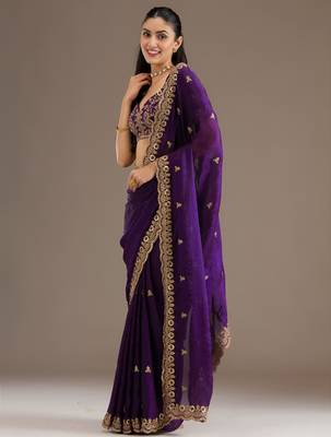 Purple silk blend embroidered saree with sequins work 3