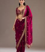 Maroon silk blend embroidered saree with sequins work