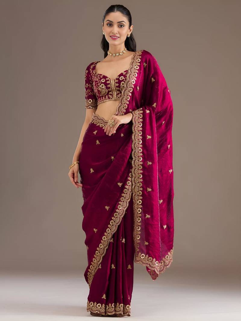Maroon silk blend embroidered saree with sequins work