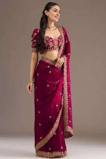 Maroon silk blend embroidered saree with sequins work
