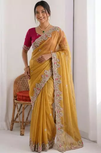 Yellow chiffon embroidered saree with sequins work