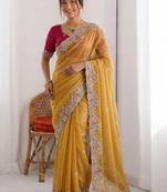 Yellow chiffon embroidered saree with sequins work