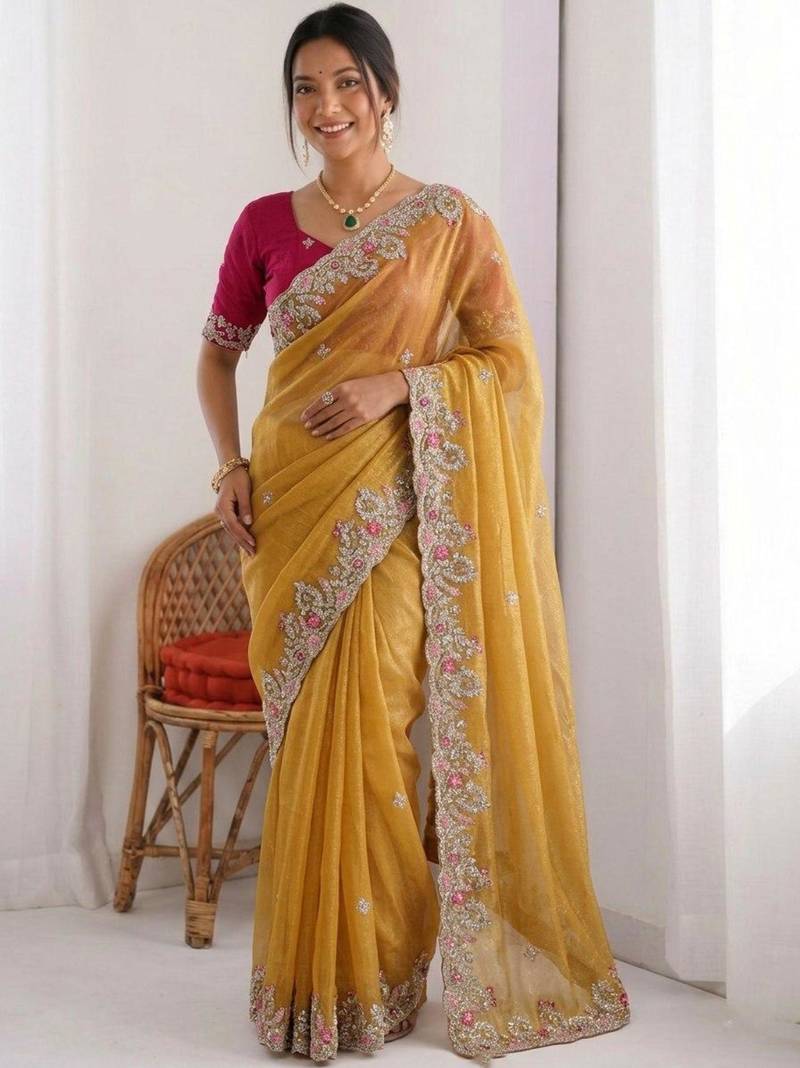 Yellow chiffon embroidered saree with sequins work