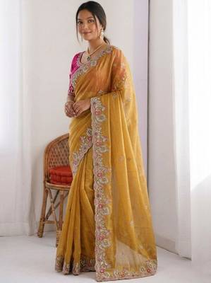 Yellow chiffon embroidered saree with sequins work 2