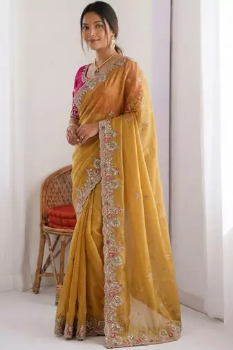 Yellow chiffon embroidered saree with sequins work