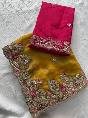 Yellow chiffon embroidered saree with sequins work 3