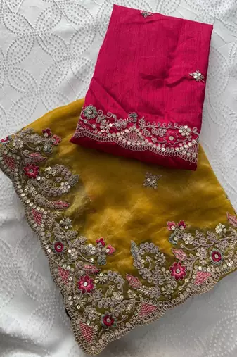 Yellow chiffon embroidered saree with sequins work