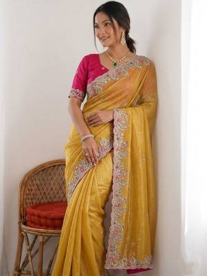 Yellow chiffon embroidered saree with sequins work 4